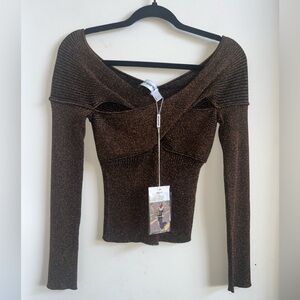 Self-Portrait Off-the-Shoulder Brown Sweater
